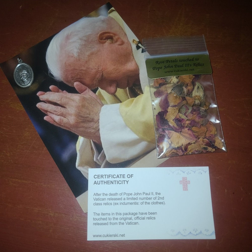 Pope John Paul II 3rd Class Relic Rose Petal, Certificate, Silver Medal Catholic